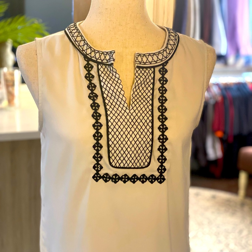 Ann Taylor top, cream with intricate black embroidery design